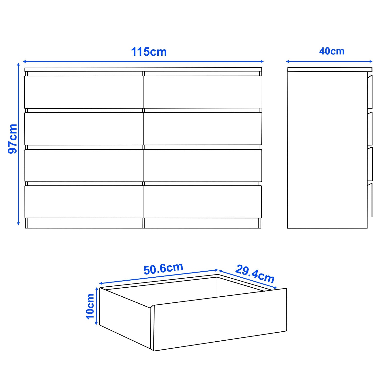 High Gloss Chest of Drawers Bedside Cabinet Tall Wide Storage Bedroom Furniture