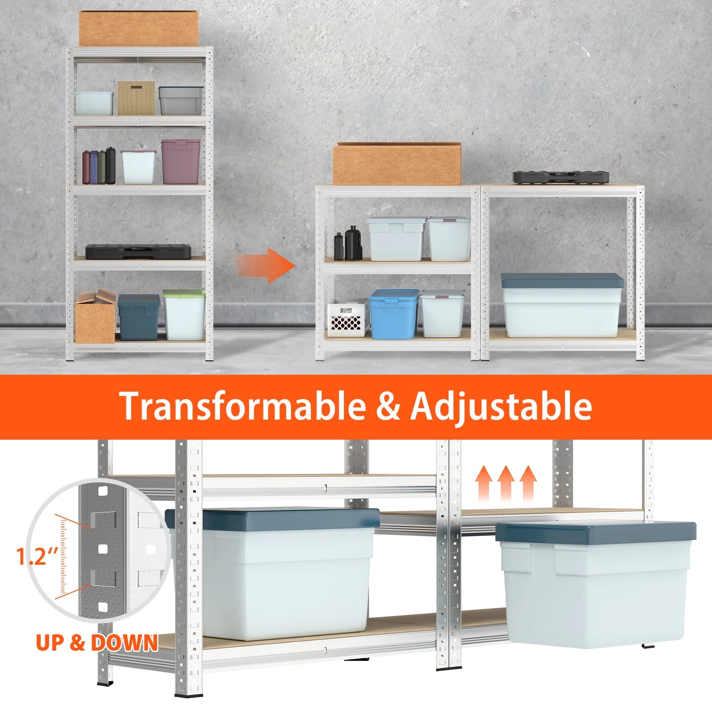 Shelving Unit for Garage Shed Storage, 5 Tier Shelf Unit, Boltless Racking Adjustable Shelf Rack Unit Free Standing Work