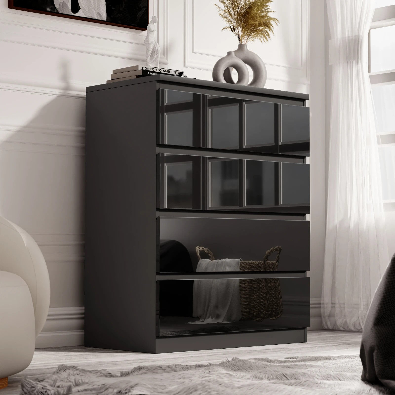 High Gloss Chest of Drawers Bedside Cabinet Tall Wide Storage Bedroom Furniture