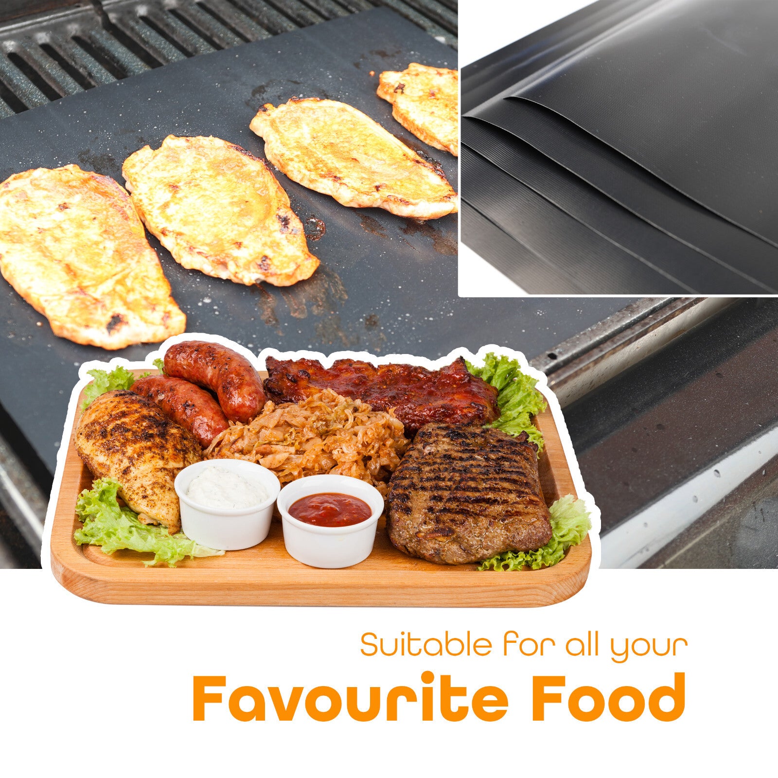 WISDOMWELL Non Stick BBQ Grill Mat 5 Pack Free 12" BBQ Tongs Silicone Brush