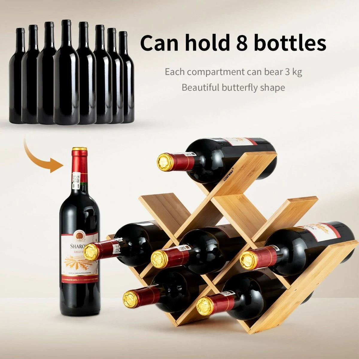 8-Bottle Bamboo Wine Rack with Odorless Painting for Home and Bar