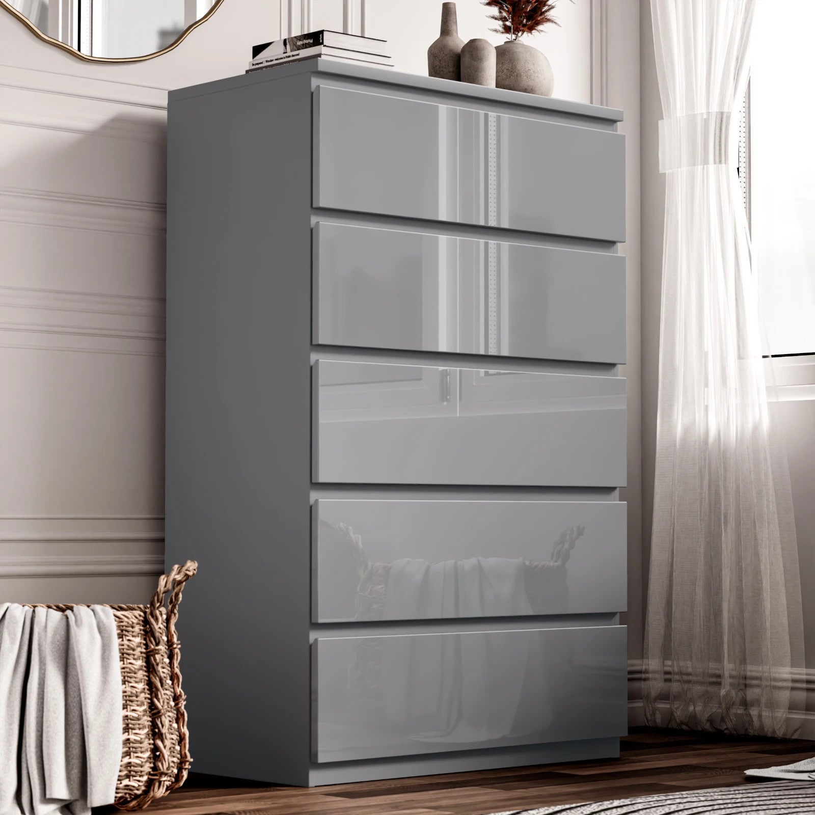High Gloss Chest of Drawers Bedside Cabinet Tall Wide Storage Bedroom Furniture