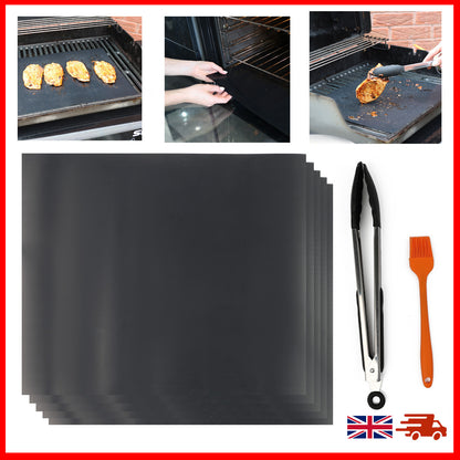 WISDOMWELL Non Stick BBQ Grill Mat 5 Pack Free 12" BBQ Tongs Silicone Brush