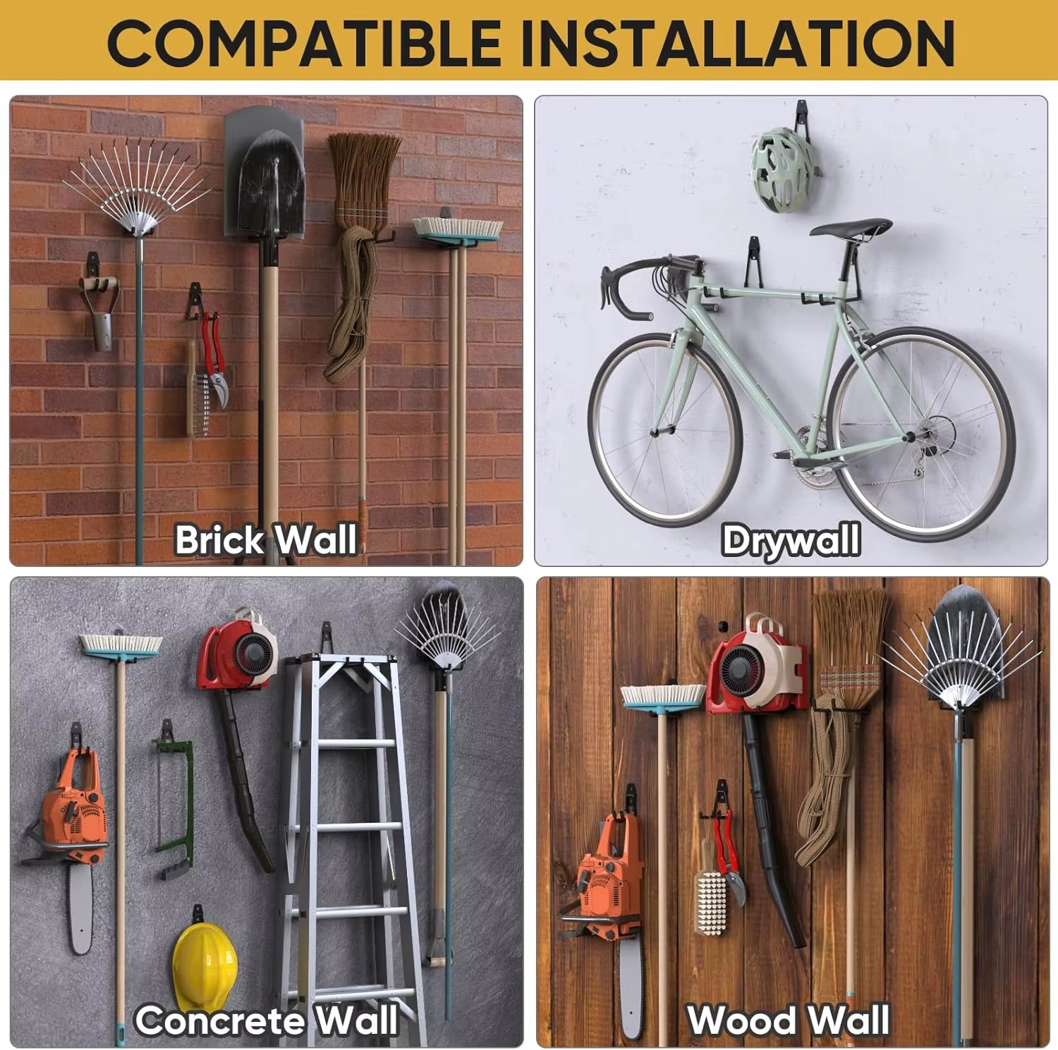 Garage Heavy Duty Metal Hook Organizer Steel Wall Mount Anti-Slip Bicycle Hanger Hooks Ladders Bulky Items Storage Garden Tool