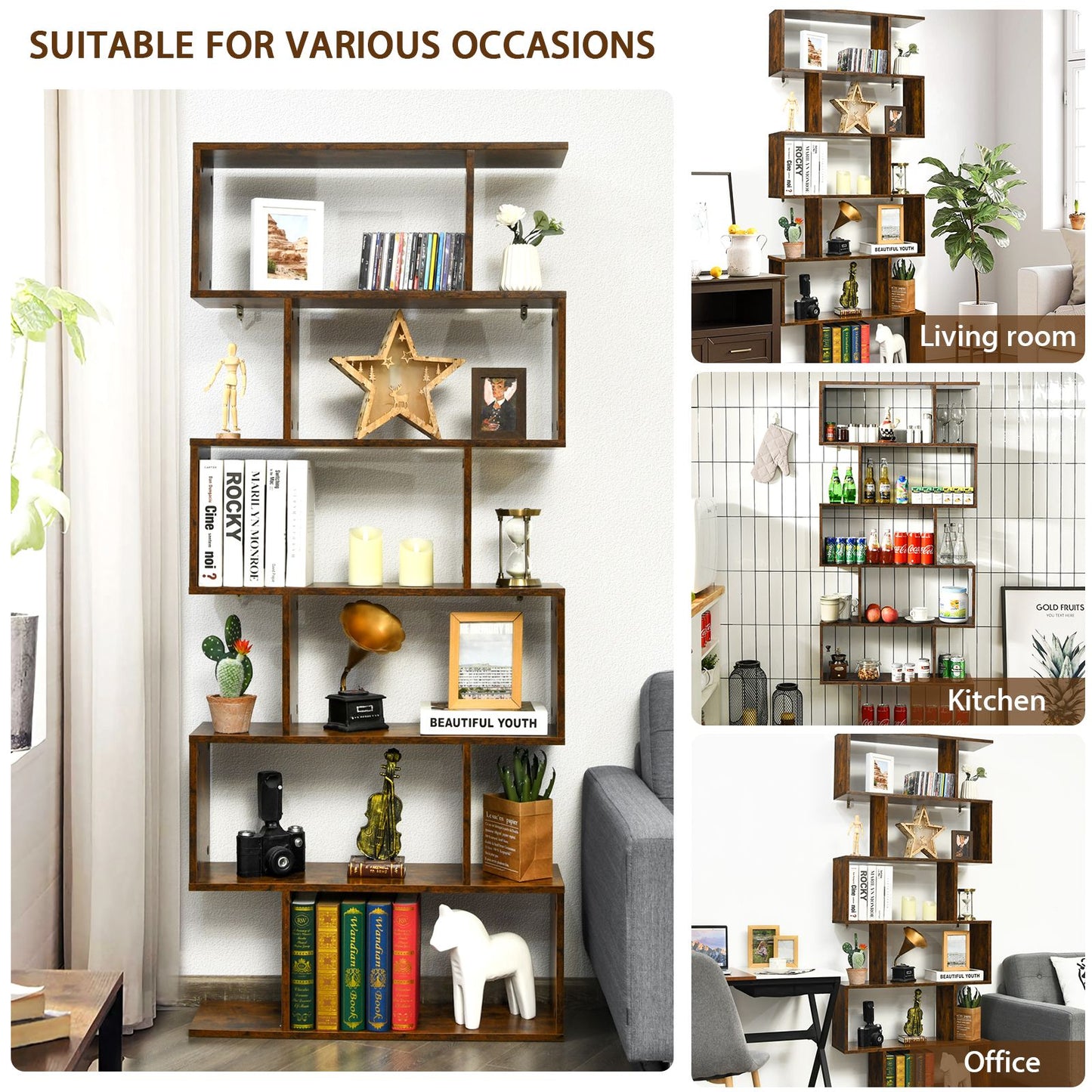 6-Tier S-Shaped Wooden Industrial Bookshelf