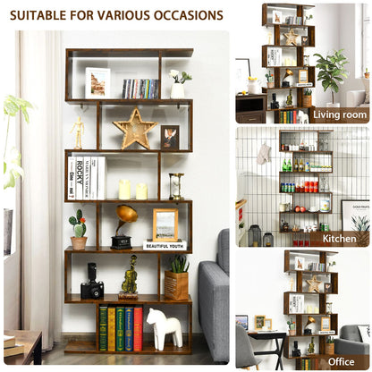 6-Tier S-Shaped Wooden Industrial Bookshelf