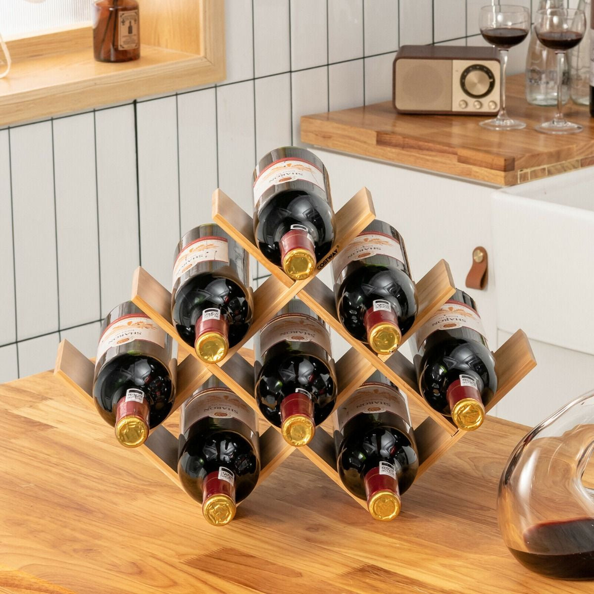 8-Bottle Bamboo Wine Rack with Odorless Painting for Home and Bar