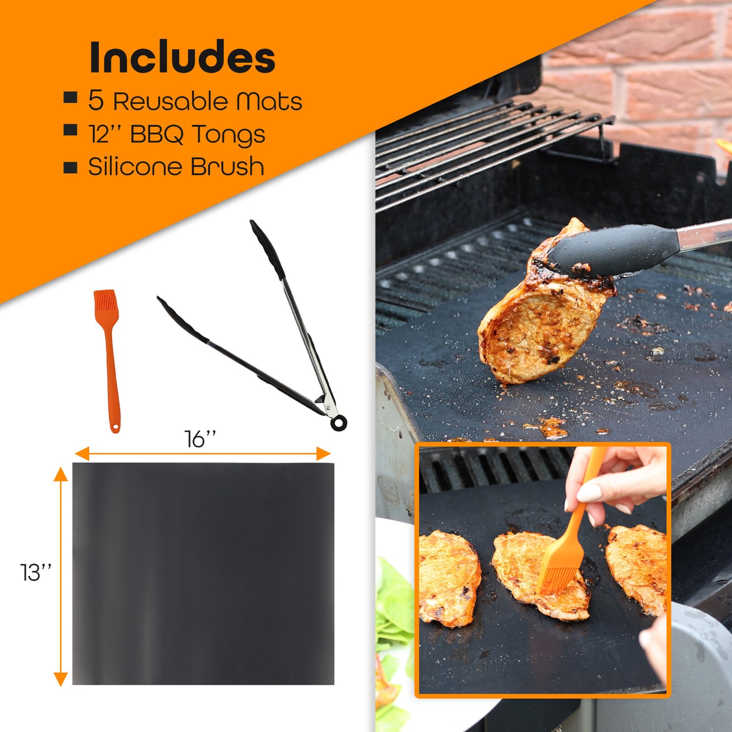 WISDOMWELL Non Stick BBQ Grill Mat 5 Pack Free 12" BBQ Tongs Silicone Brush
