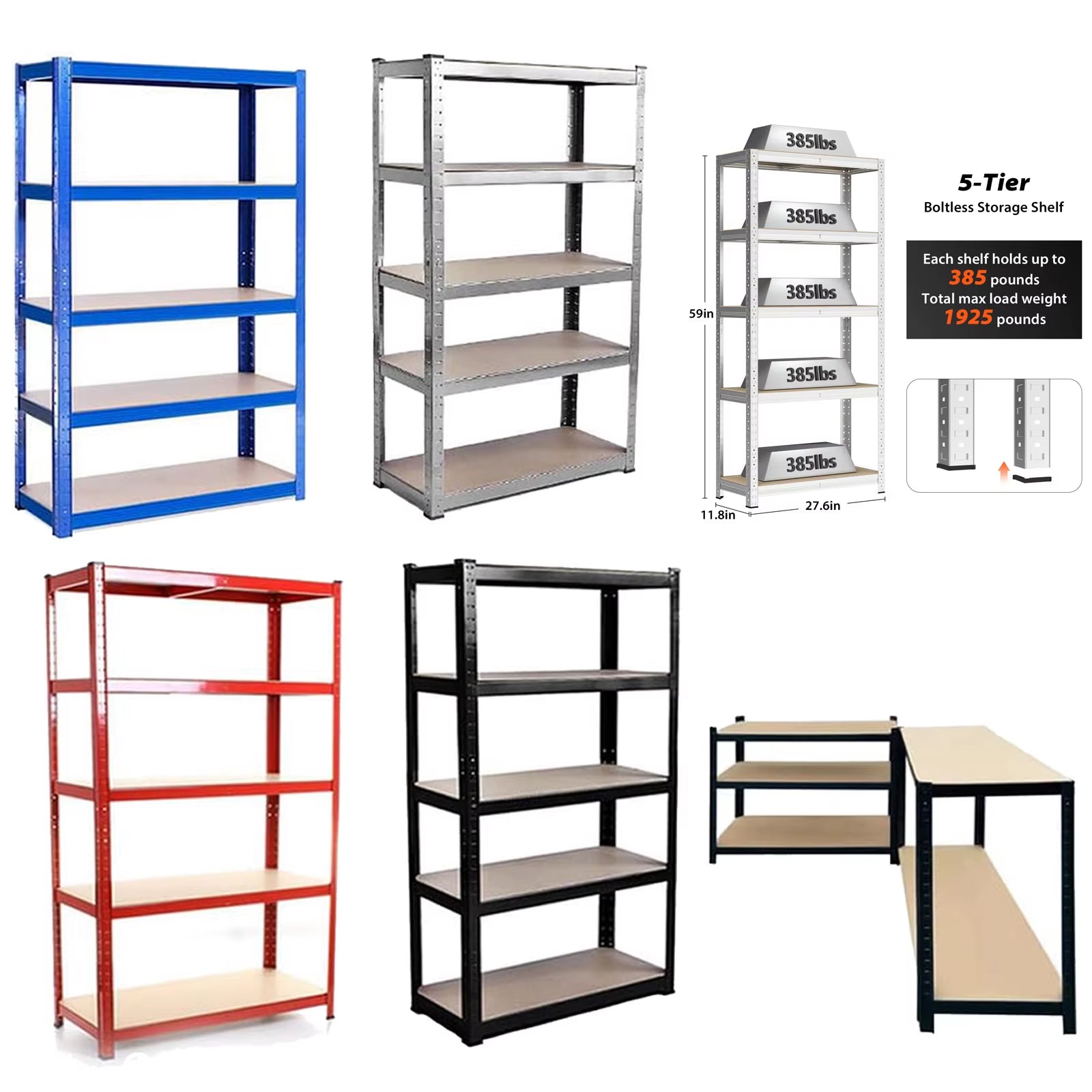 Shelving Unit for Garage Shed Storage, 5 Tier Shelf Unit, Boltless Racking Adjustable Shelf Rack Unit Free Standing Work
