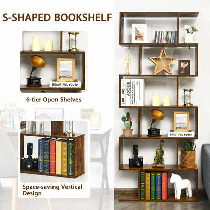 6-Tier S-Shaped Wooden Industrial Bookshelf
