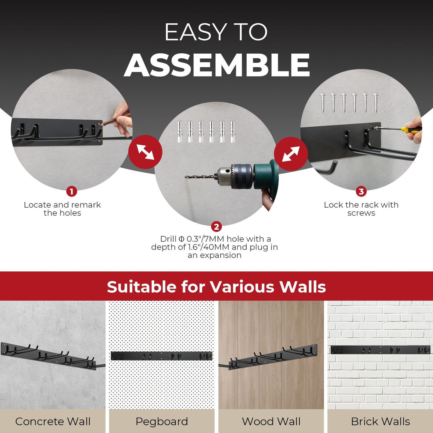 Wall Mounted Tool Storage Organizer with 4 Double Layer Hooks