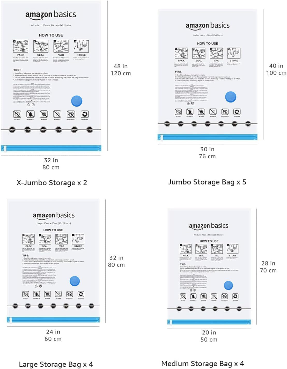 Vacuum Compression Zipper Storage Bags with Hand Pump, 20 Count, 4 Pack of 5 (Small, Medium, Large & Jumbo), Multiple, Clear